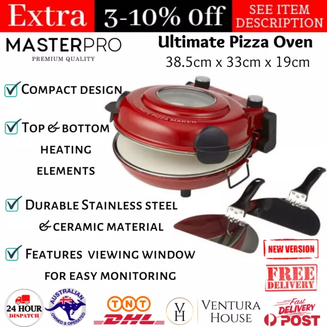 100% MASTERPRO The Ultimate Electric Pizza Oven Maker with Window Cooker Red New