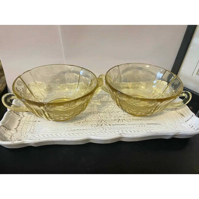 Vintage Federal Depression Glass Yellow Pair of Sugar Bowl Double Handle