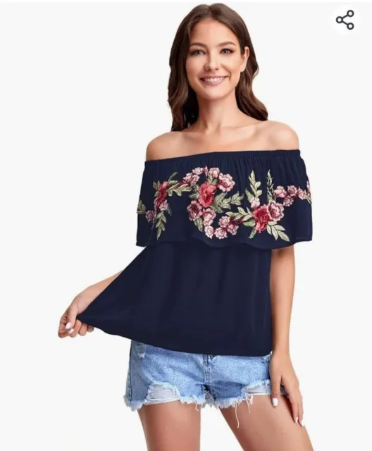 Floerns Women's Ruffle Off Shoulder Rose Embroidery Loose Blouse Top Size L Boho