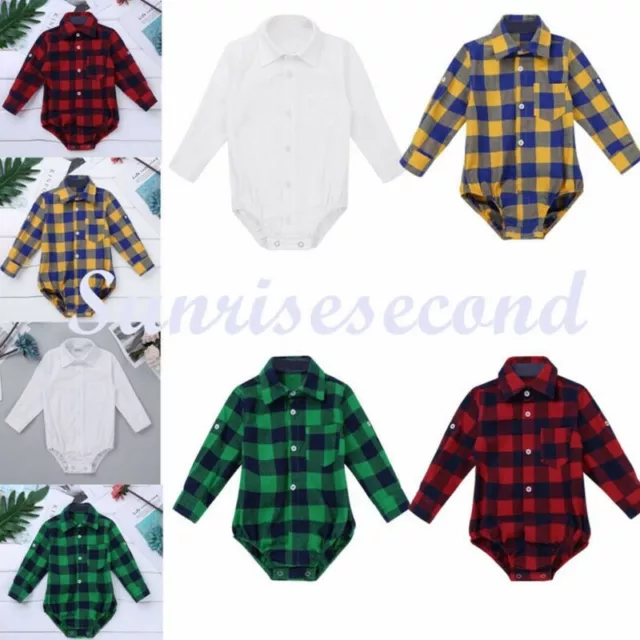 Newborn Baby Boy Romper Long Sleeve Shirt Plaid Jumpsuit Infant Bodysuit Clothes