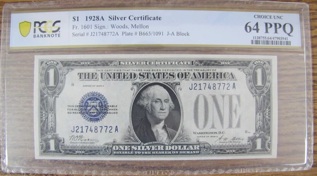 Fr 1601 $1 1928A Silver Certificate - PCGS Banknote CU 64 PPQ - Free Shipping!