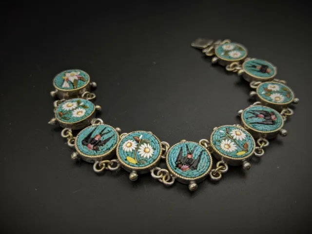Micro Mosaic Silver Bracelet, Antique Victorian Swift Swallow Bird Daisy Italy,