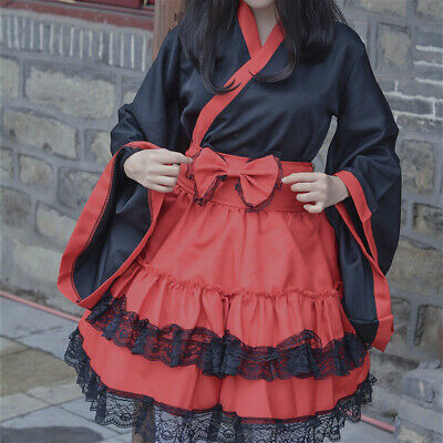 Women Cute Lolita Dress Lace Maid Japanese Kimono Miko Costume Sleeve Witch Wear