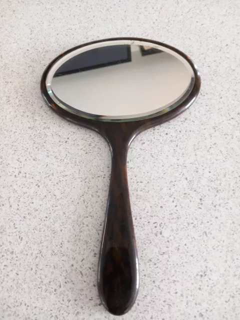 Vintage Large Faux Tortoise shell Early Plastic Beveled Hand Mirror