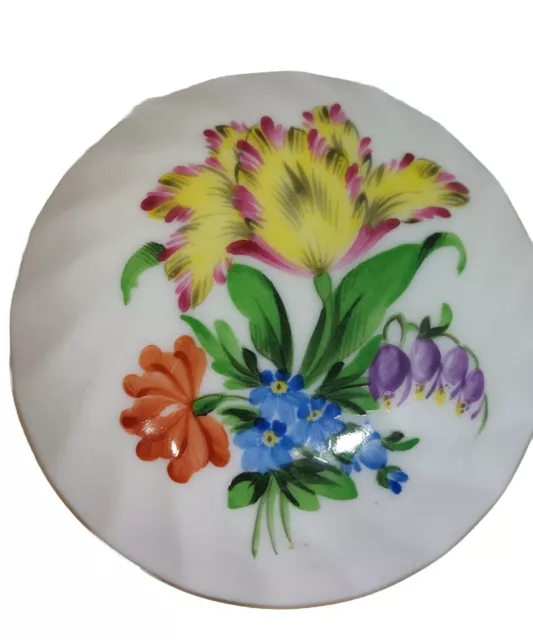 Herend Porcelain Hand Painted Hungary Multicolored Flowers Round Trinket  Box