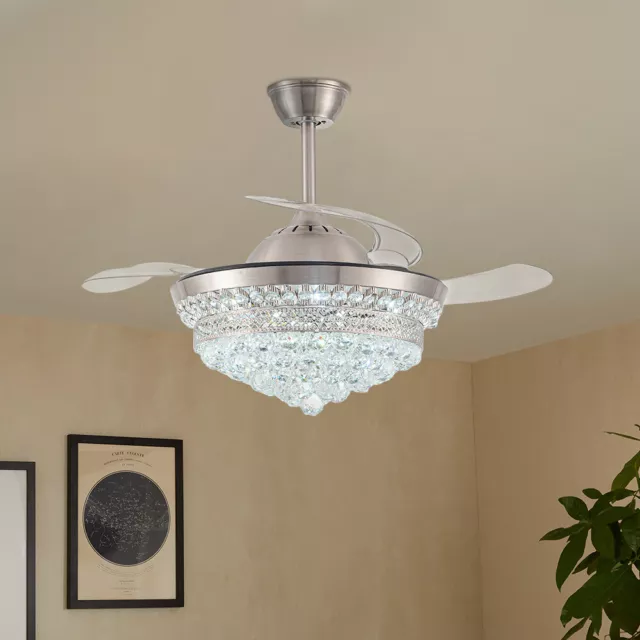 Morden 42" LED Ceiling Fan Light Crystal Chandelier 3 Invisible Blades w/ Remote