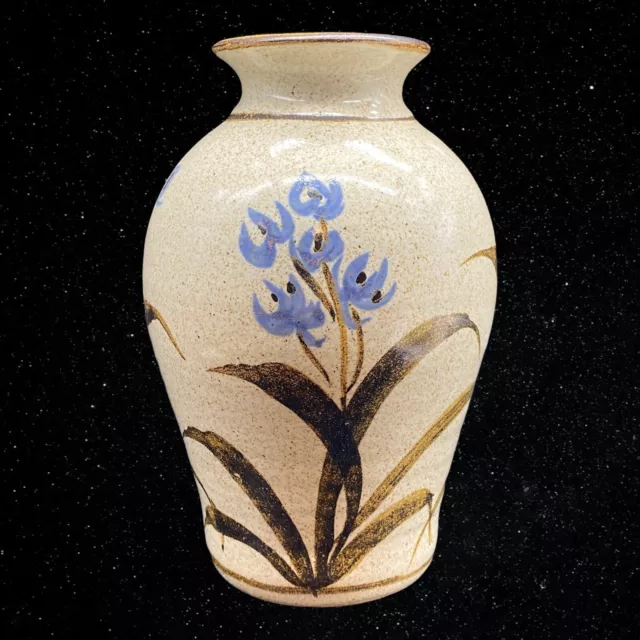 Art Pottery Crafted Hand Painted Blue Floral Signed By Artist Vase 8”T 5.5”W