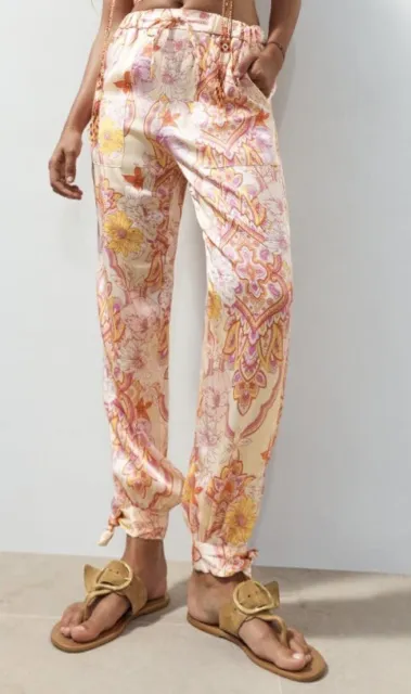 ZARA Pink Pattern Sasha Pant with Ankle Ties | M | Brand New & Tagged