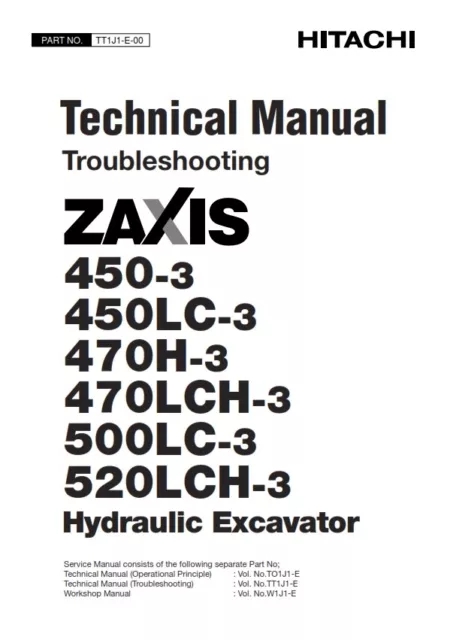 Hitachi Zaxis 450-3 450Lc-3 470H-3 470Lch-3 500Lc-3 520Lch-3 Tech Manual Reprint