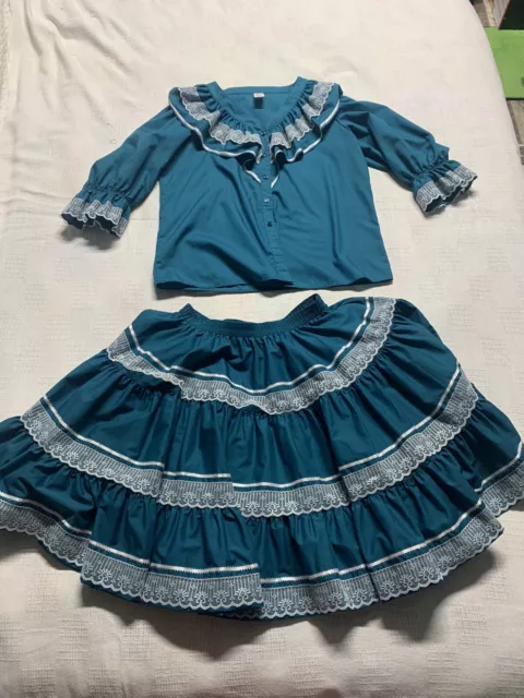 Malco Modes 2 Piece Square dance Set Teal Blue And Lace Medium Shirt Large Skirt