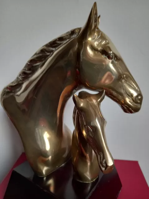 Large Heavy Brass Horse And Foal Bust Ornament  On Wooden Base