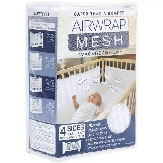 Airwrap Mesh 4 Sides Baby Cot / Crib  2 Piece  WHITE BNWT SAFER THAN BUMPER