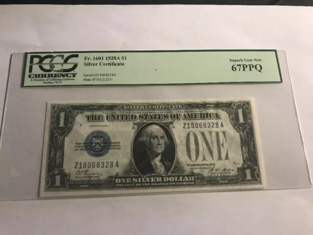 1928 A $1 Fr. 1601 SILVER CERTIFICATE BLUE SEAL PCGS Superb Gem New 67PPQ