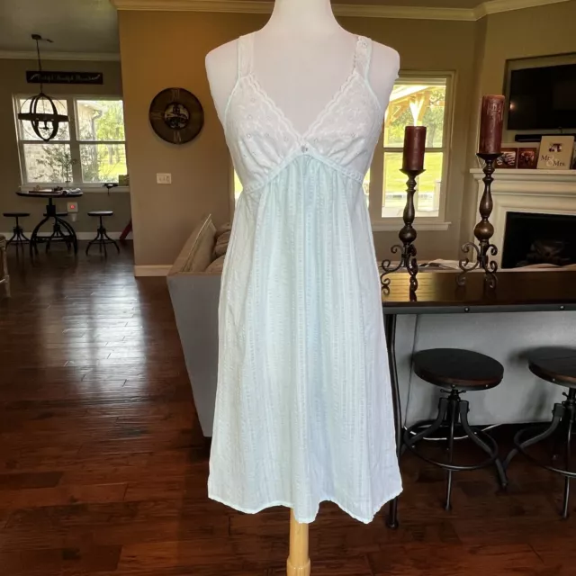 Texsheen Vtg Nightgown Lingerie Women’s Medium M Light Blue & White Lace 60s 70s