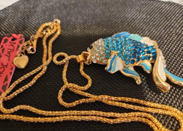 Beautiful Betsey Johnson Bling  Blue Rhinestone Enamel Goldfish Necklace Pendant