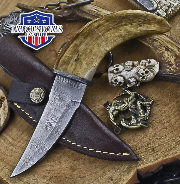 Custom Hunting Skinner Knife Twist Damascus Ram's Horn Damascus Guard EDC