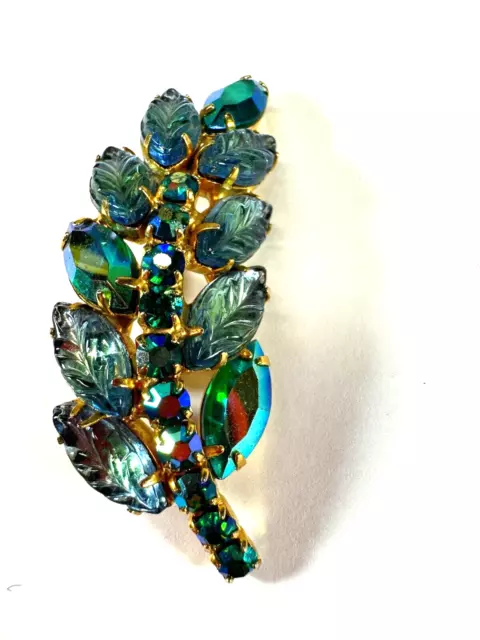 Vintage Brooch Leaf Carved Rhinestone Blue Leaf Peacock Blue 60s AB estate