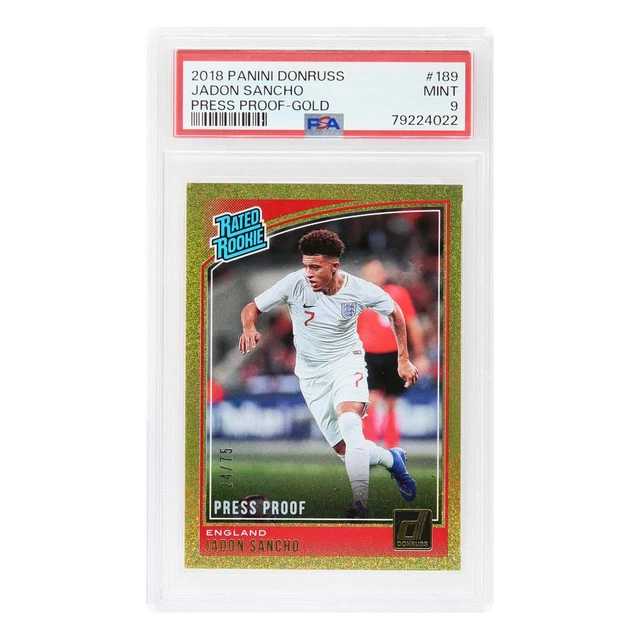 2018-19 Panini Donruss Jadon Sancho RC Gold Press Proof Rated Rookie PSA 9
