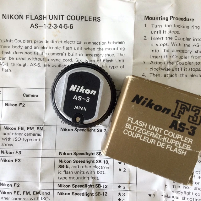 NIKON AS3 FLASH Unit Hot Shoe Coupler for F3 in Genuine Box&English