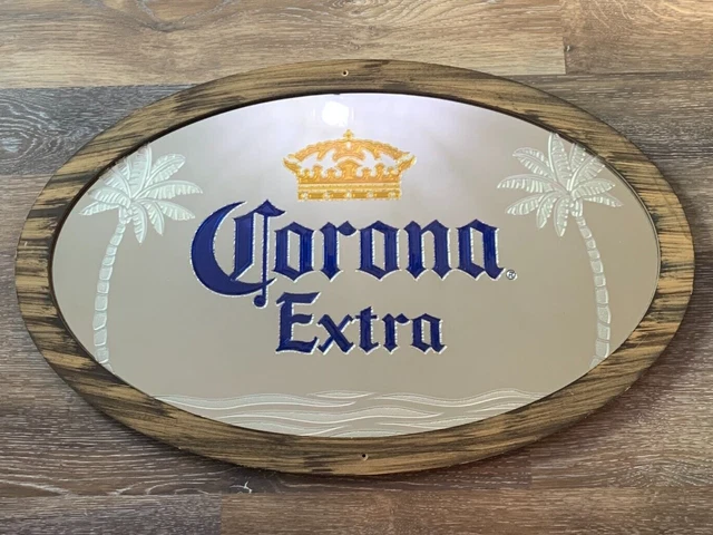 Vintage Corona Extra Oval Mirror - Wood Framed Bar Beer Sign Beach - 30"L x 18"H