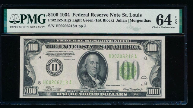AC 1934 $100 Saint Louis FRN PMG 64 EPQ Light Green Seal LGS Fr 2152-H