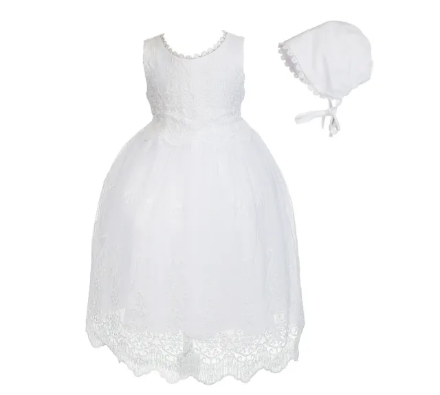 Baby Girls White Lace Christening Gown Dress with Bonnet 0 3 6 9 12 18 Months
