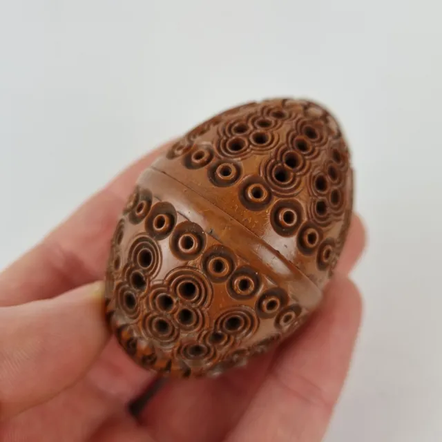 Antique Carved Coquille Nut Box Treen 6cm High A/F