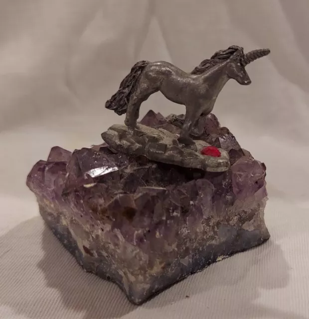 Pewter Metal Unicorn Figurine on Amethyst Geode