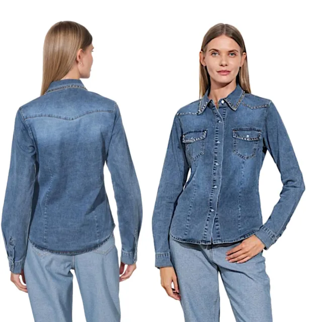 Camicia jeans denim elasticizzato donna borchie avvitata manica lunga bottoni