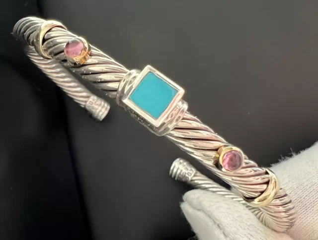 David Yurman Renaissance Turquoise Pink Tourmaline Sterling & 14K Cable Bracelet