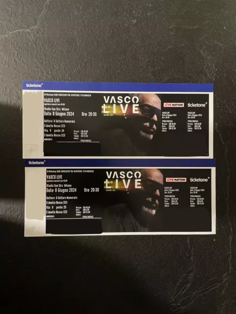 Vasco Rossi 2 Biglietti concerto Milano San Siro 08/06/2024 - Terzo Anello Rosso