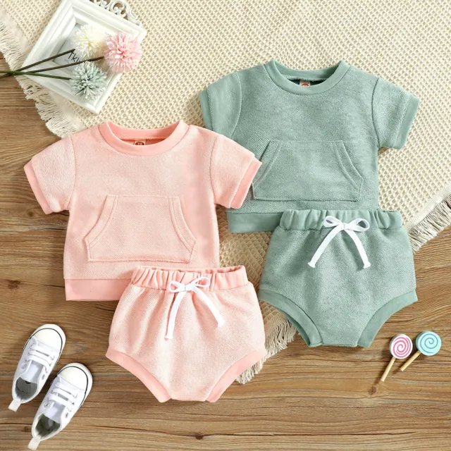 Toddler Baby Kids Boys Girls T-shirt Romper Tops+Solid Shorts Outfits Clothes