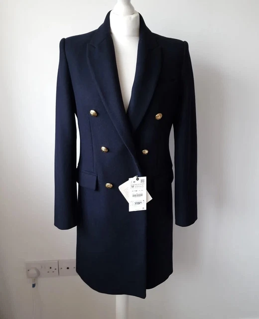 Zara NEW Classic Tailored Navy Blue Manteco Wool Blend Coat Size M Medium 10 12