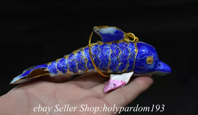 4.8" Old Chinese Copper Cloisonne Delphinus delphis Statue Pendant