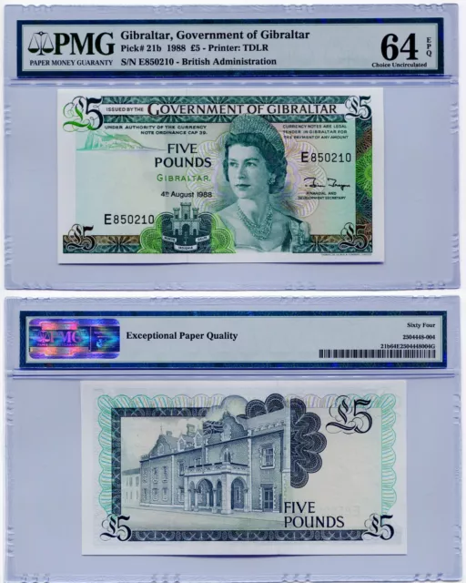 1988 Gibraltar 5 Pounds Note PMG Choice Uncirculated 64