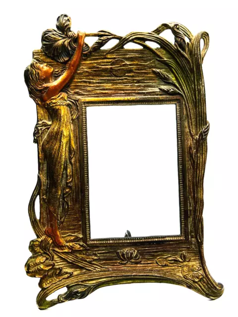 antique Cast Bronze Art Nouveau picture frame woman flower moon 4x6