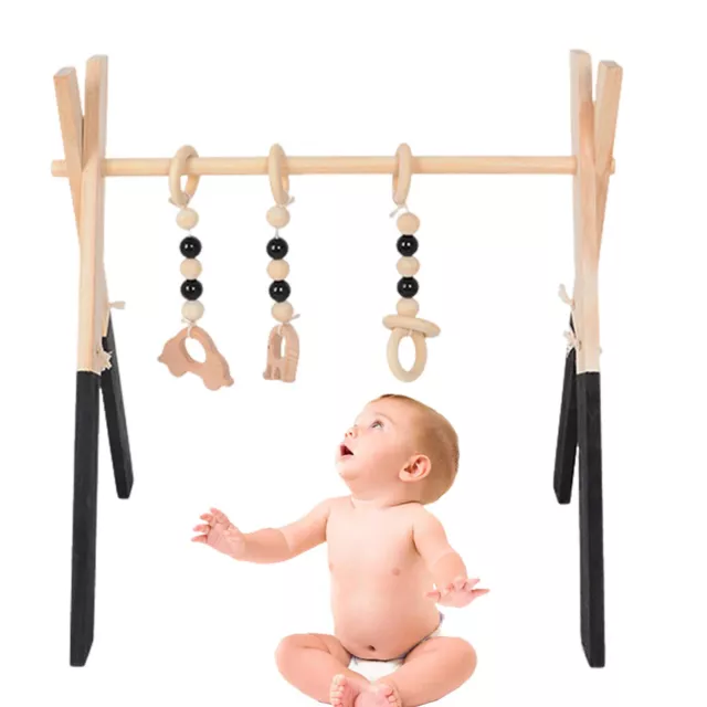 Baby Wood Gym Wood Play Gym with 3 Wooden Baby Teething Toys Foldable Baby Play 2