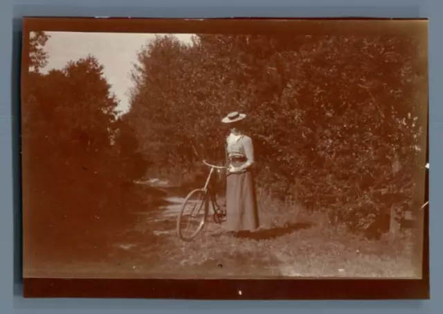 France, Villers sur Mer, woman posing with her bike vintage citrate print. Calv