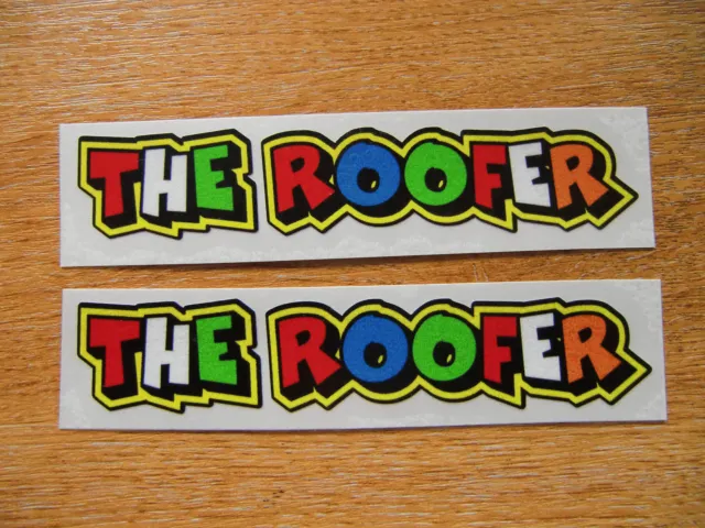 Valentino Rossi style text - "THE ROOFER"  x2 stickers / decals  - 5in x 1in