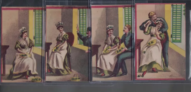 Victorian Trade Card Set of 4 - Woman Accosted by Intruder SERIES, 1880s-90s VTC