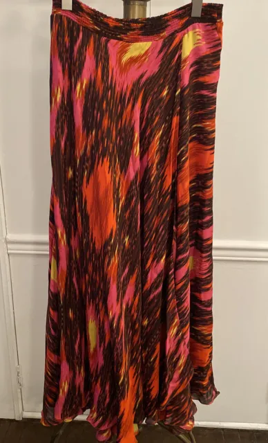 Haute Hippie 100% Silk Print Maxi-Skirt With Shocking-Pink Lining