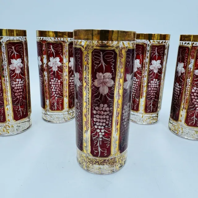 1880 Bohemian Gilded Tumblers Etched Ruby Cut to Clear Glass Grape Leaf Drinking