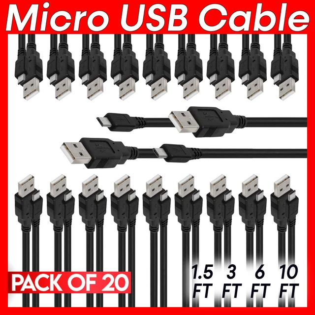 20x Micro USB Cable USB 2.0 Data Sync Charge Cord for PC, Smartphones, Tablets
