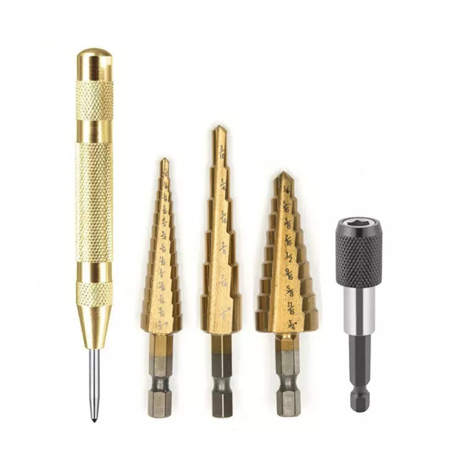 5x Titanium Step Drill Bit Set Automatic Center Punch Bit Holder Attachment HSS