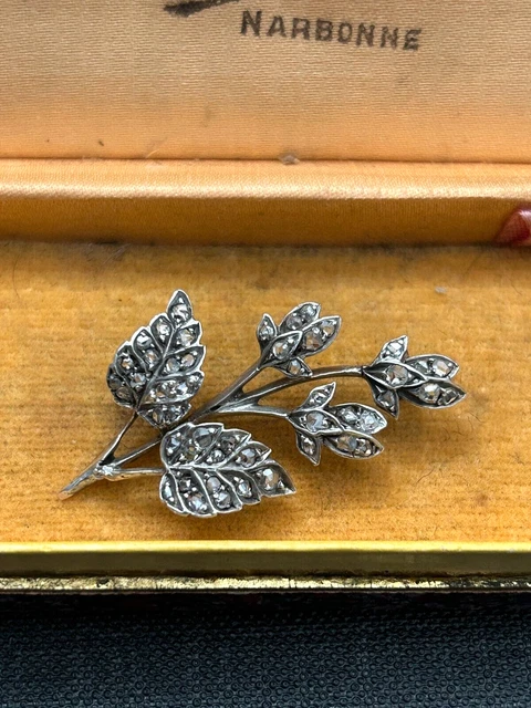 Broche Ancienne Feuille Ajourée En Argent Massif Avec Marcassite (manque 2 Pierres)