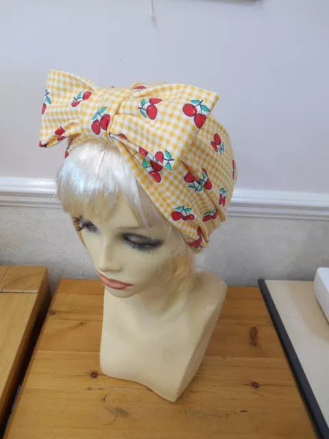 Vintage inspired 1940s 1950s style gingham cherry stretch jersey hat turban