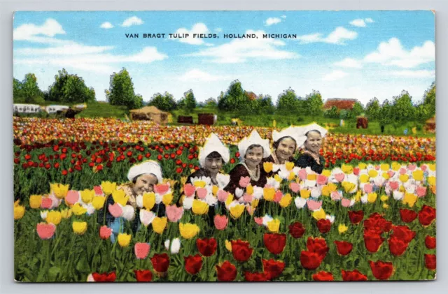 Holland MI Van Bragt Tulip Fields Flowers Dutch Children Linen Vtg Postcard View