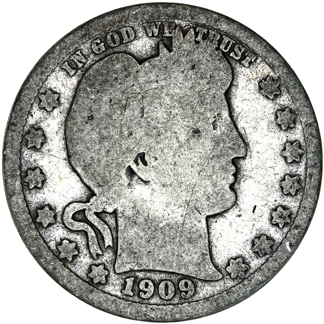 1909 (P) Barber Quarter 90% Silver About Good AG