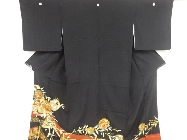 82248# Japanese Kimono / Antique Tomesode / Embroidery / Snowflake & Floral