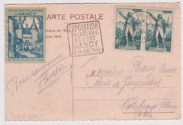 SUP CARTE EXPOSITION PHILATELIQUE NANCY / 1936 / VIGNETTE / ROUGET DE L'ISLE x 2